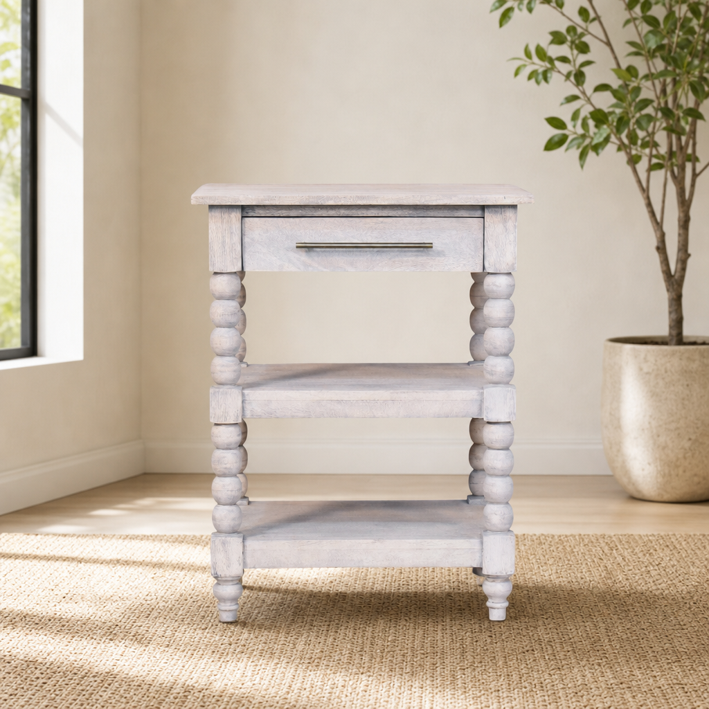 Spindle Acid Wash Side Table centered in a warm neutral furnished room