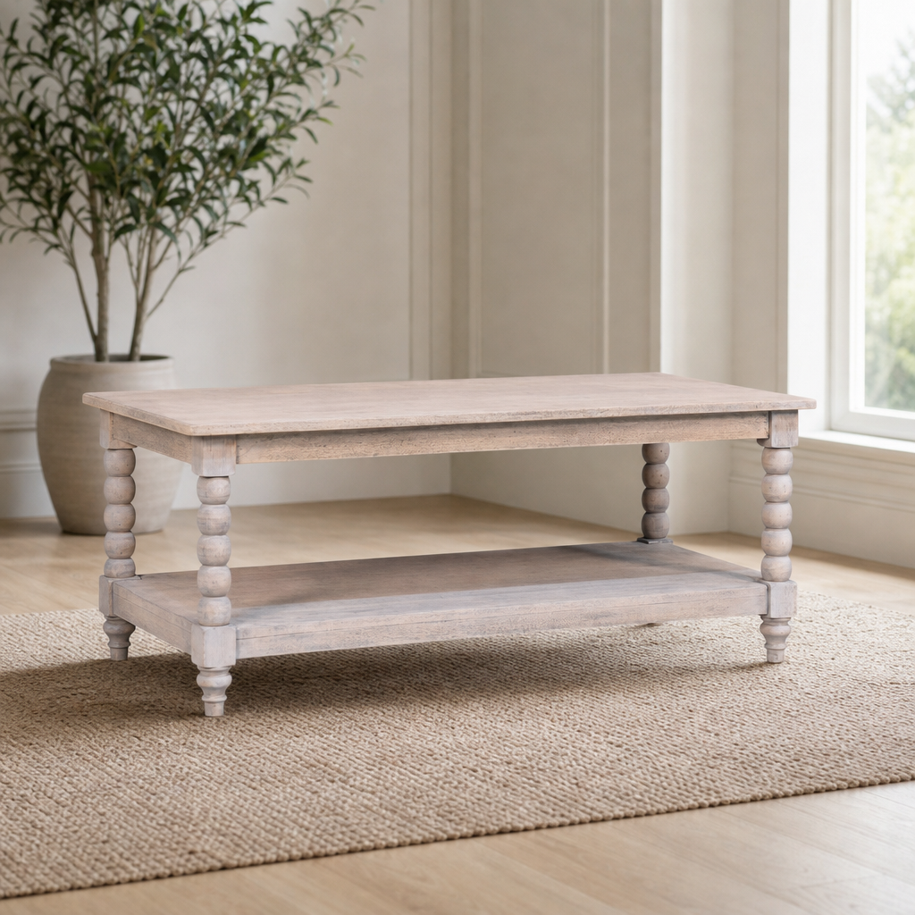 Spindle Washed Coffee Table centered in a warm neutral furnished room