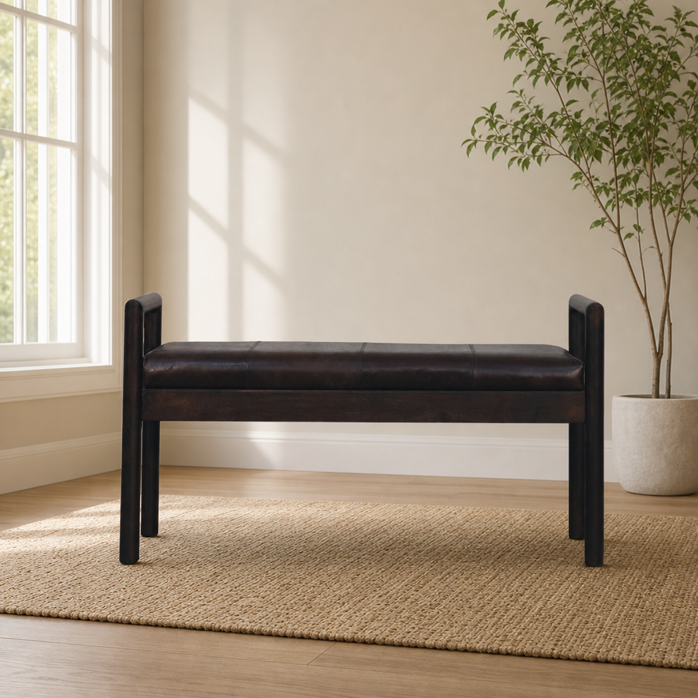 Gridline Bench centered in a warm neutral furnished room