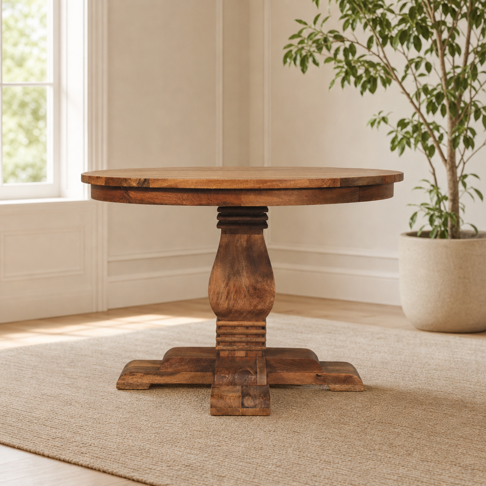 Valentina Round Dining Table centered in a warm neutral furnished room