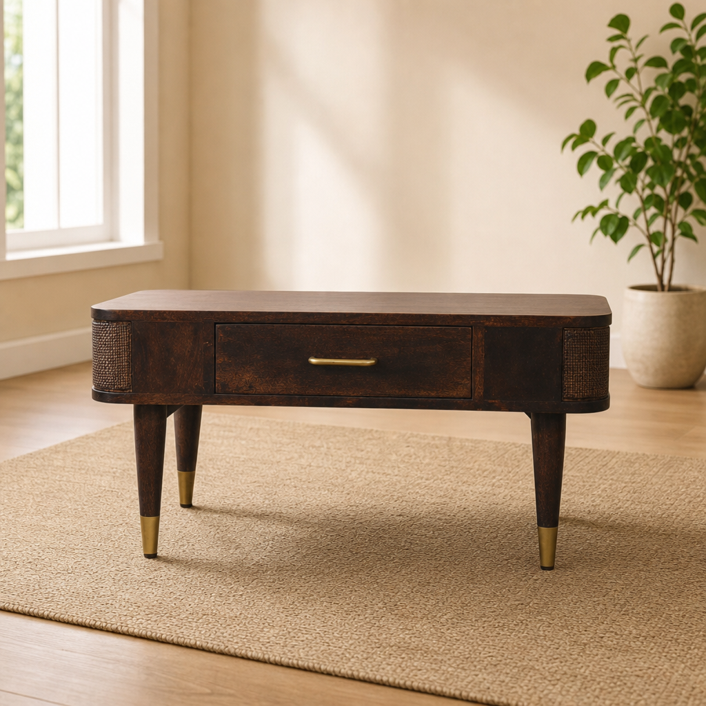 Belmont Coffee Table centered in a warm neutral furnished room