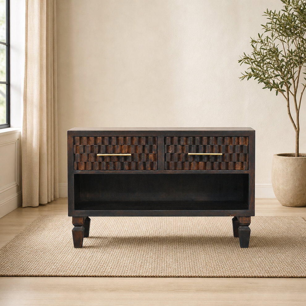Cadiz Carved Shoe Storage Bench centered in a warm neutral furnished room
