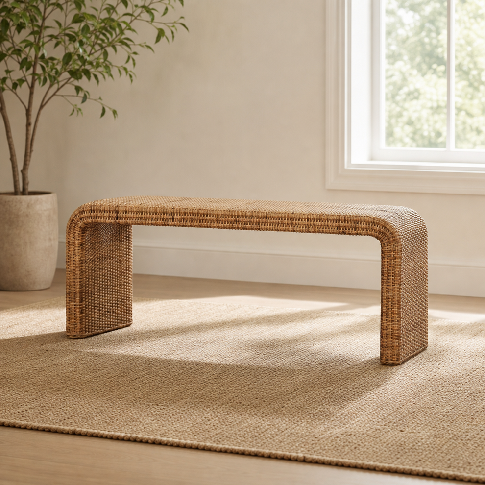 Rattan Weave Bench centered in a warm neutral furnished room