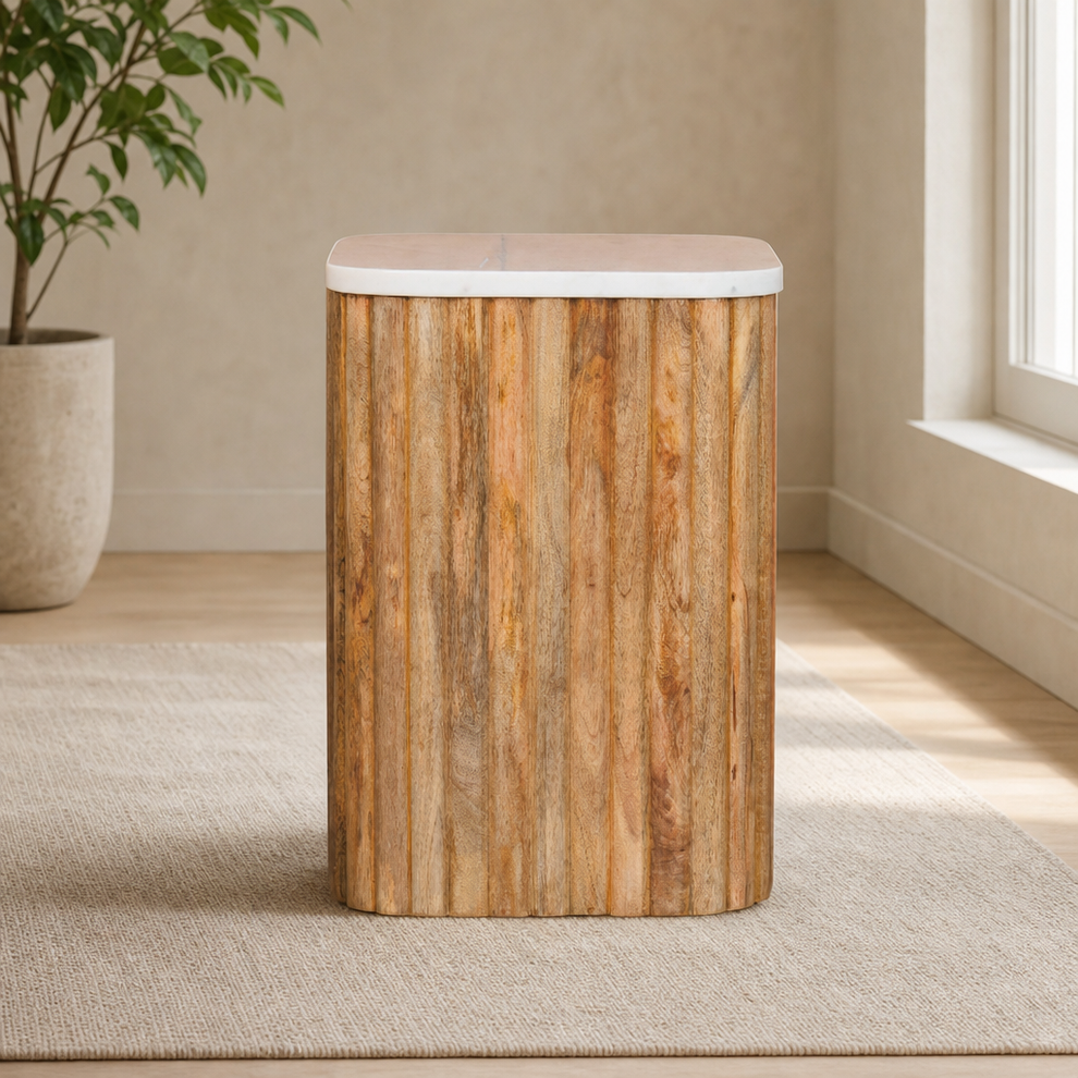 Oakish Marble Side Table centered in a warm neutral furnished room