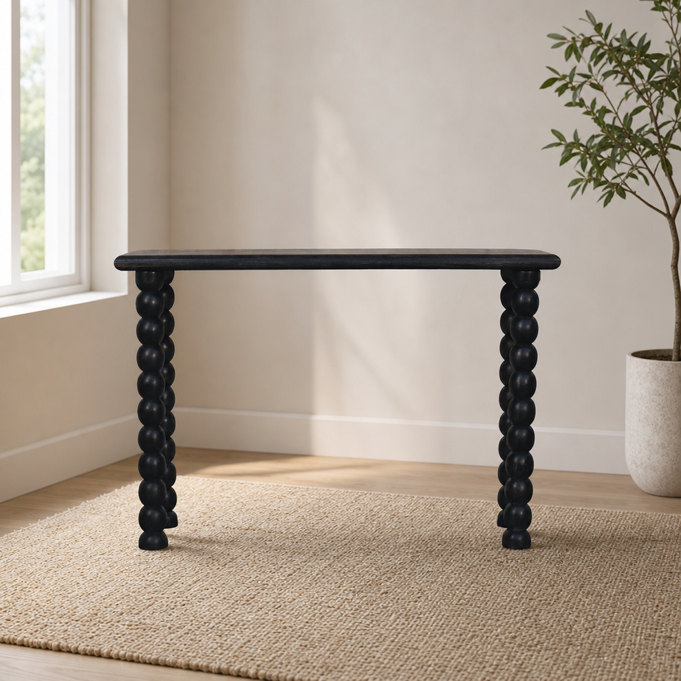 Spindle Linear Console centered in a warm neutral furnished room