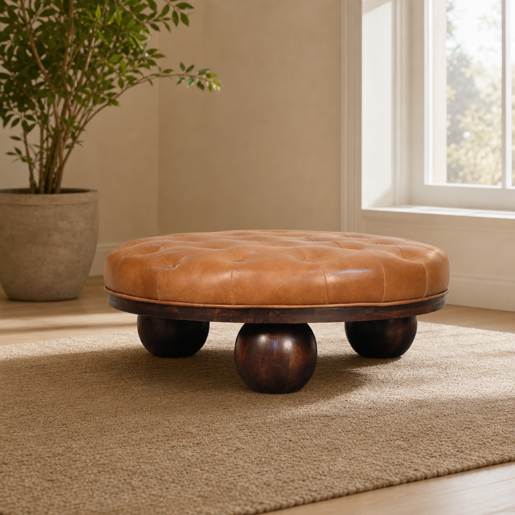 Sfera Coffee Table centered in a warm neutral furnished room