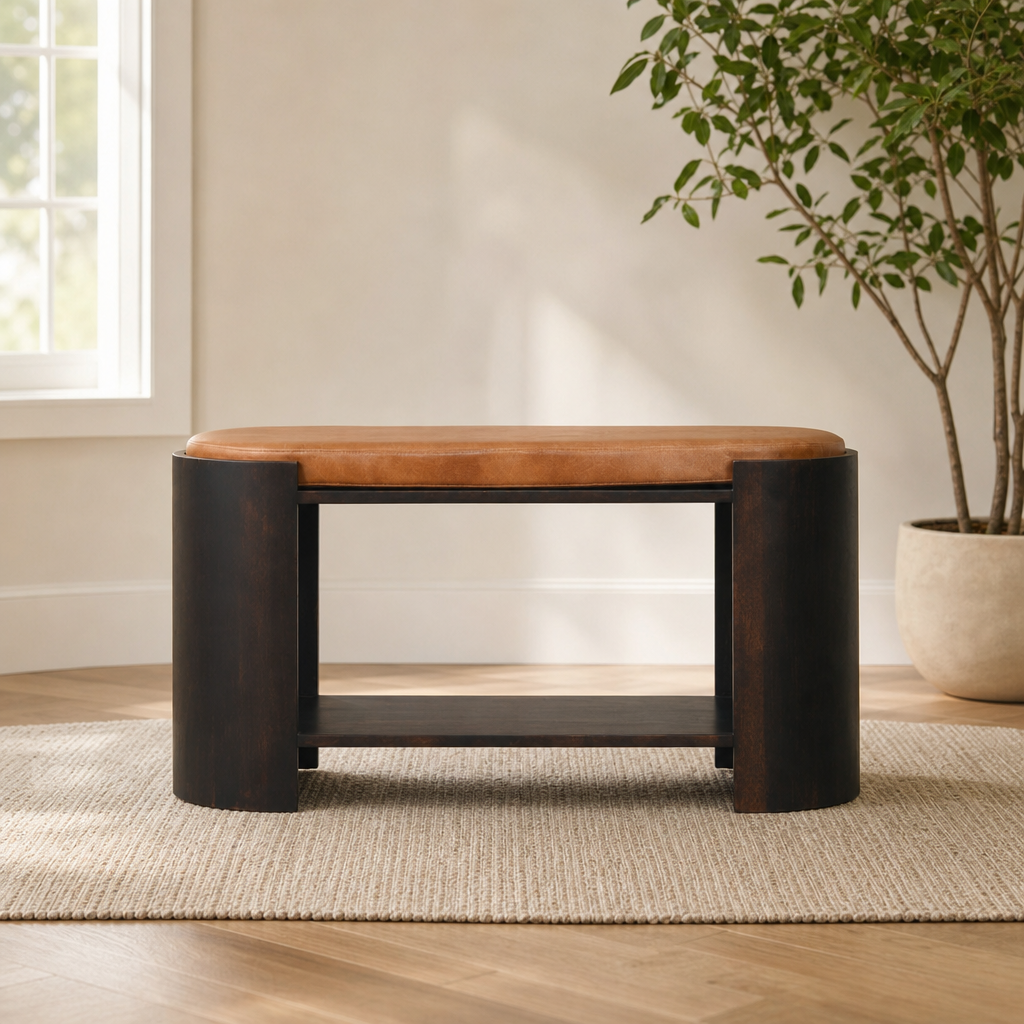 Valencia Leather Shoe Bench centered in a warm neutral furnished room