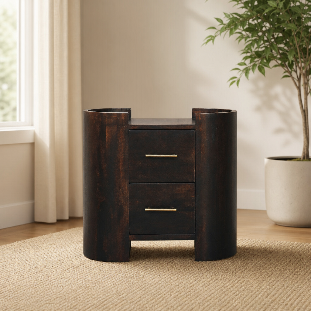 Valencia Two-Drawer Bedside Table centered in a warm neutral furnished room