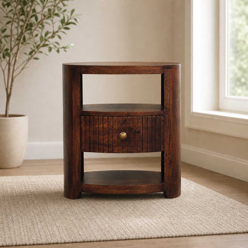 Bordeaux Bedside centered in a warm neutral furnished room