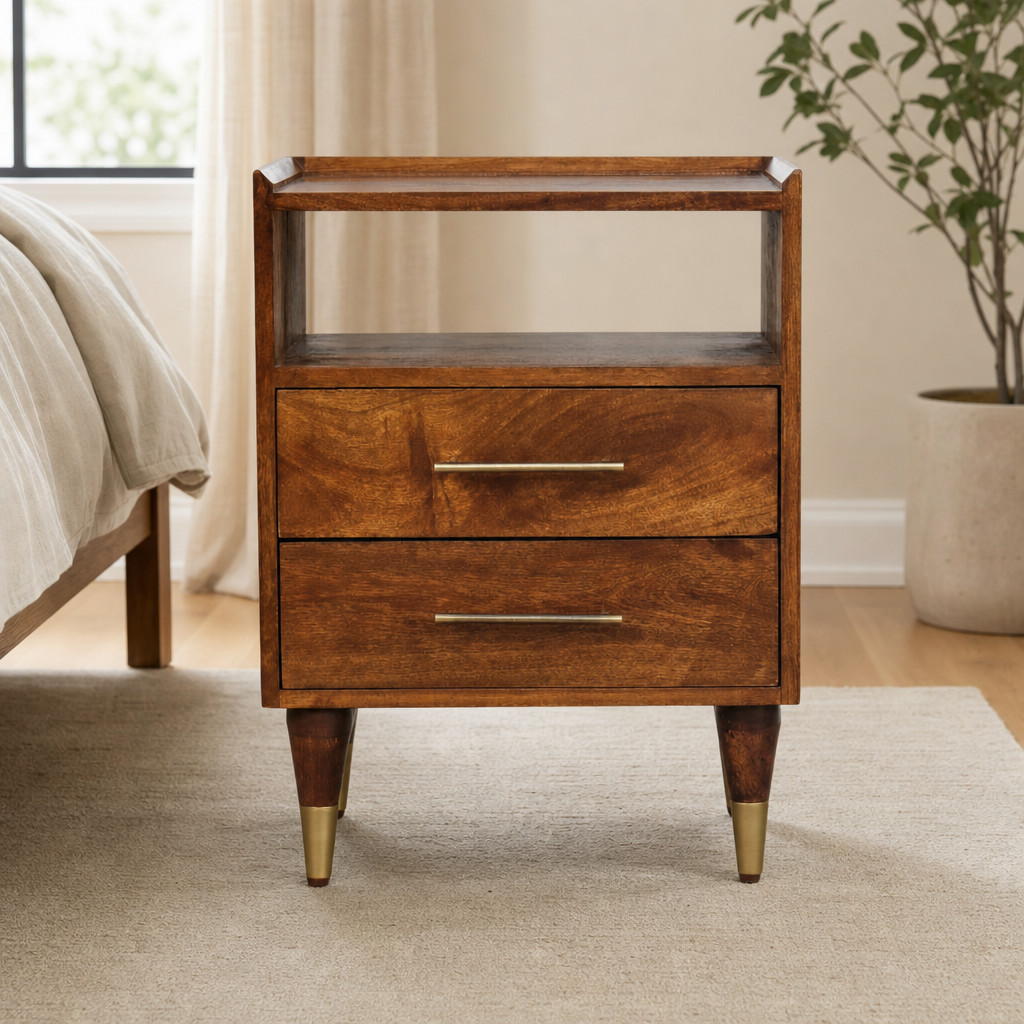 Valenza Solid Mango Wood Nightstand with Open Shelf and Two Drawers centered in a warm neutral furnished room