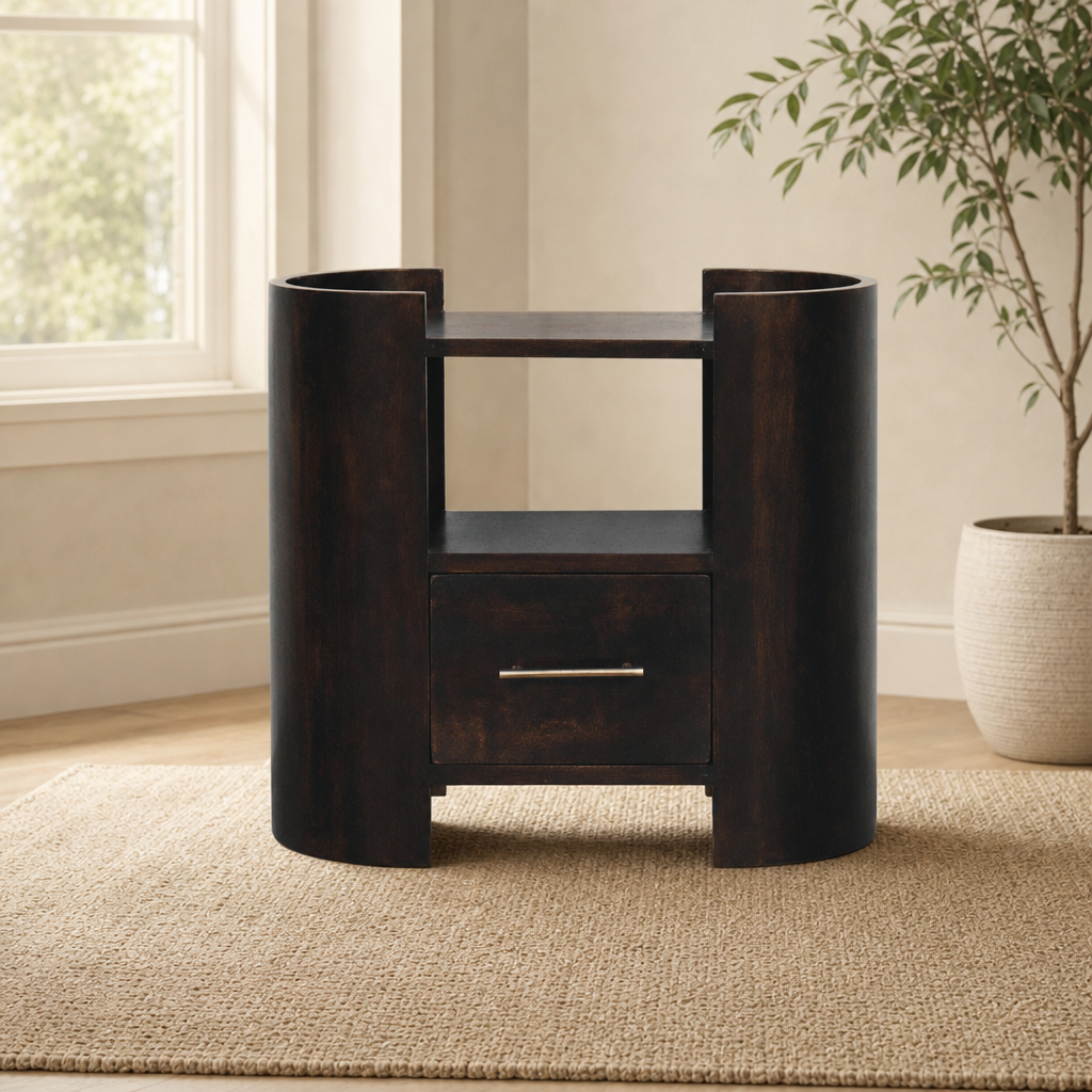 Valencia Bedside Table centered in a warm neutral furnished room