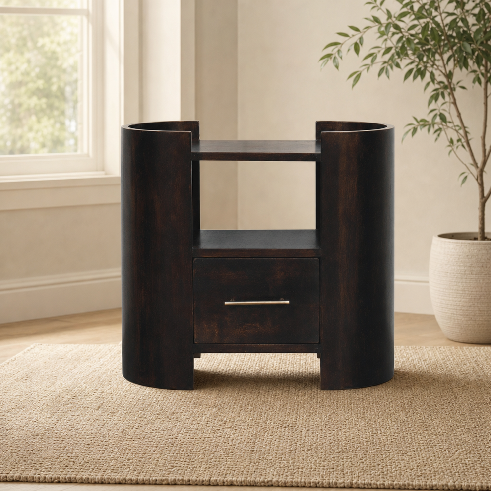 Valencia Bedside Table centered in a warm neutral furnished room