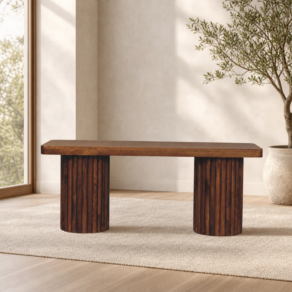 Astoria Fluted Bench centered in a warm neutral furnished room