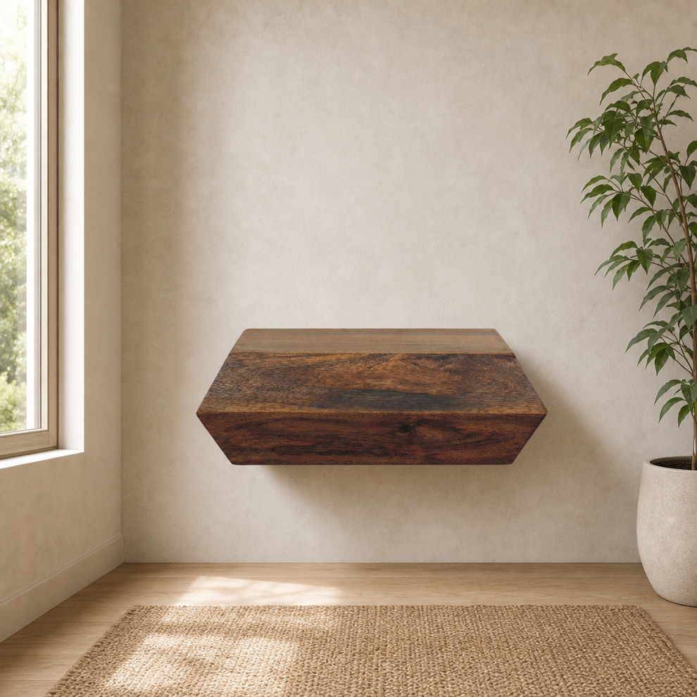 Prisma Solid Mango Wood Wall-Mounted Unit in Golden Teak centered in a warm neutral furnished room