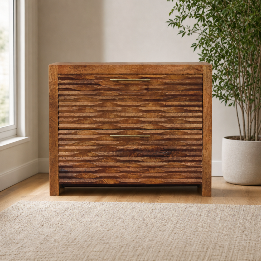 Amber Wavefront Shoe Storage Cabinet centered in a warm neutral furnished room