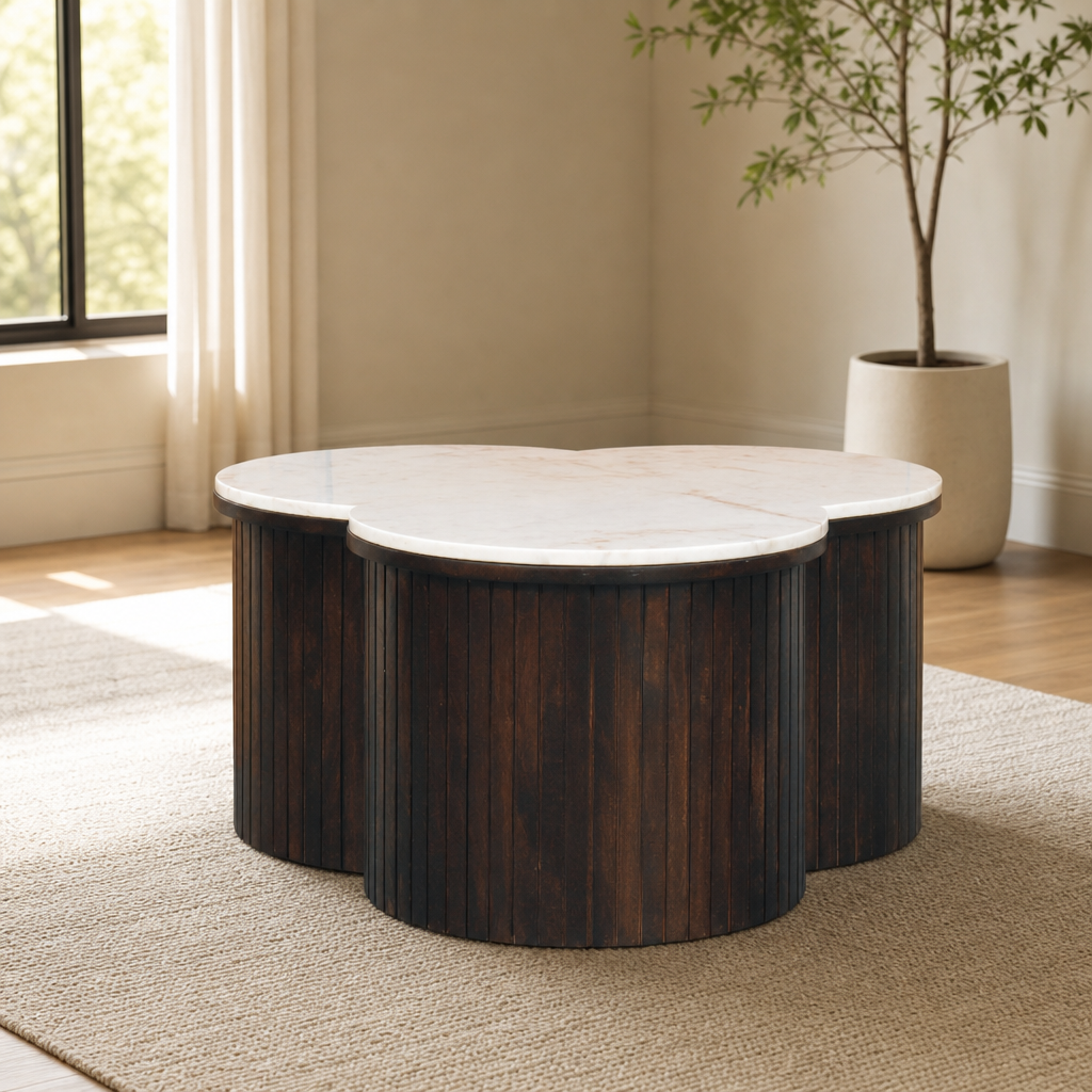 Verona Marble Coffee Table centered in a warm neutral furnished room