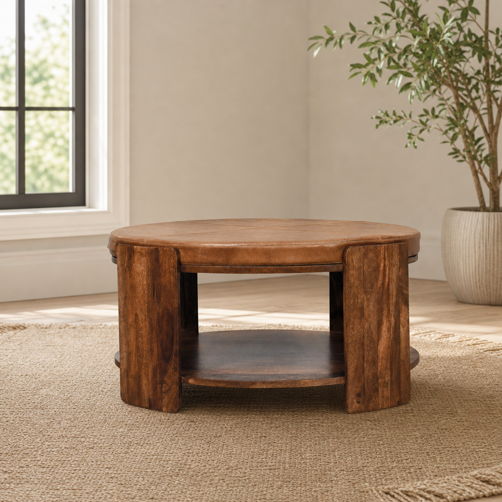 Savoy Leather Coffee Table centered in a warm neutral furnished room