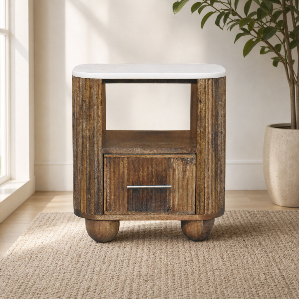 Beaumont Marble-Top Bedside Table centered in a warm neutral furnished room