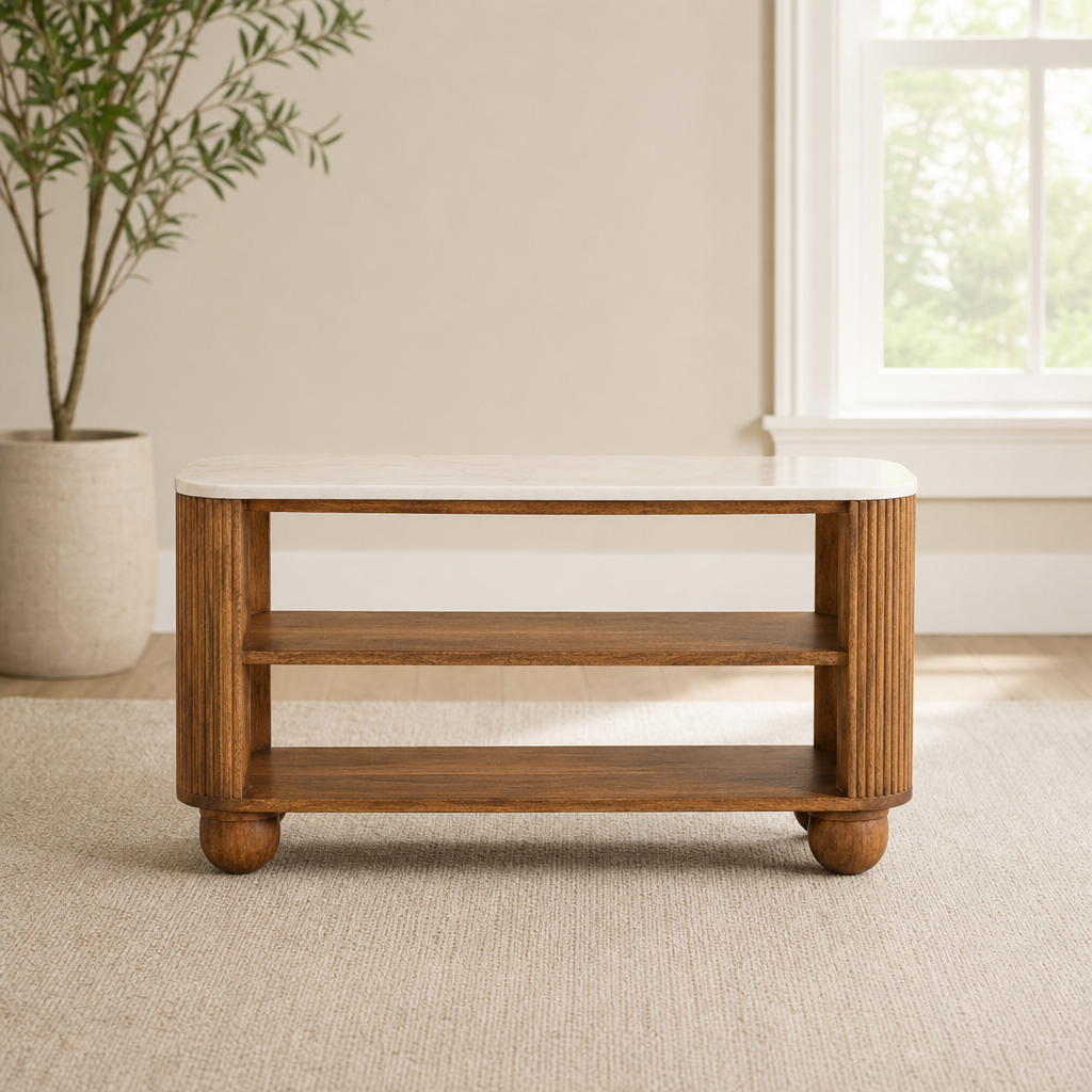 Beaumont Marble Shoe Bench centered in a warm neutral furnished room