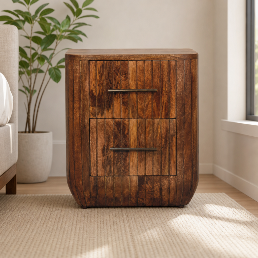 Fluted Mango Wood Nightstand with Two Drawers centered in a warm neutral furnished room