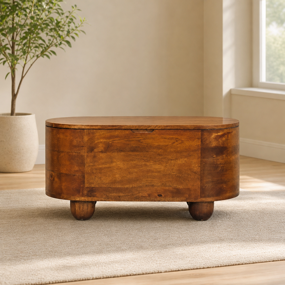 Loren Chestnut Storage Box centered in a warm neutral furnished room