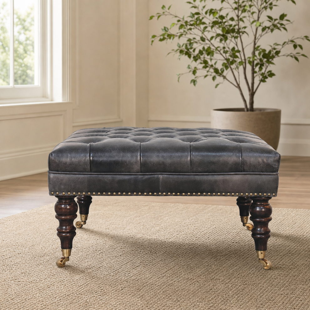 Upholstered Ottoman centered in a warm neutral furnished room
