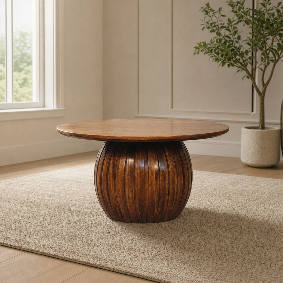 Round Fluted Coffee Table centered in a warm neutral furnished room