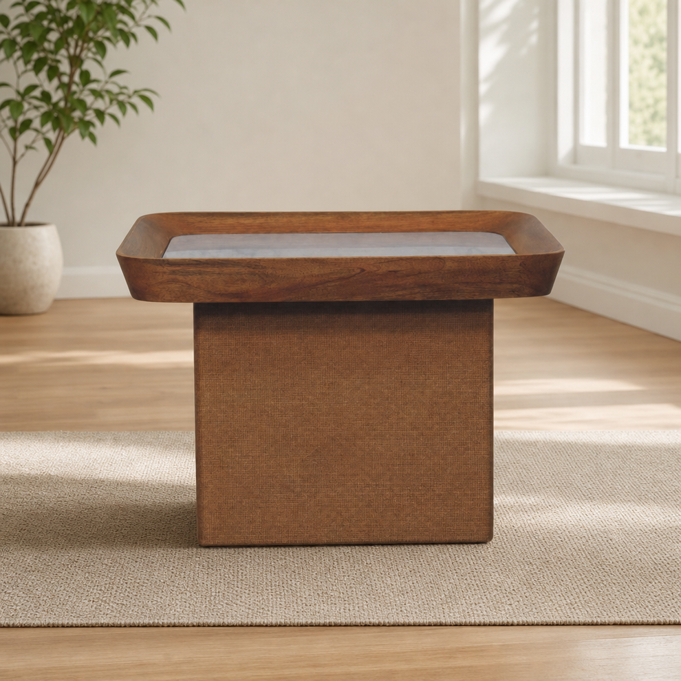 Marble Top Chatai Coffee Table centered in a warm neutral furnished room