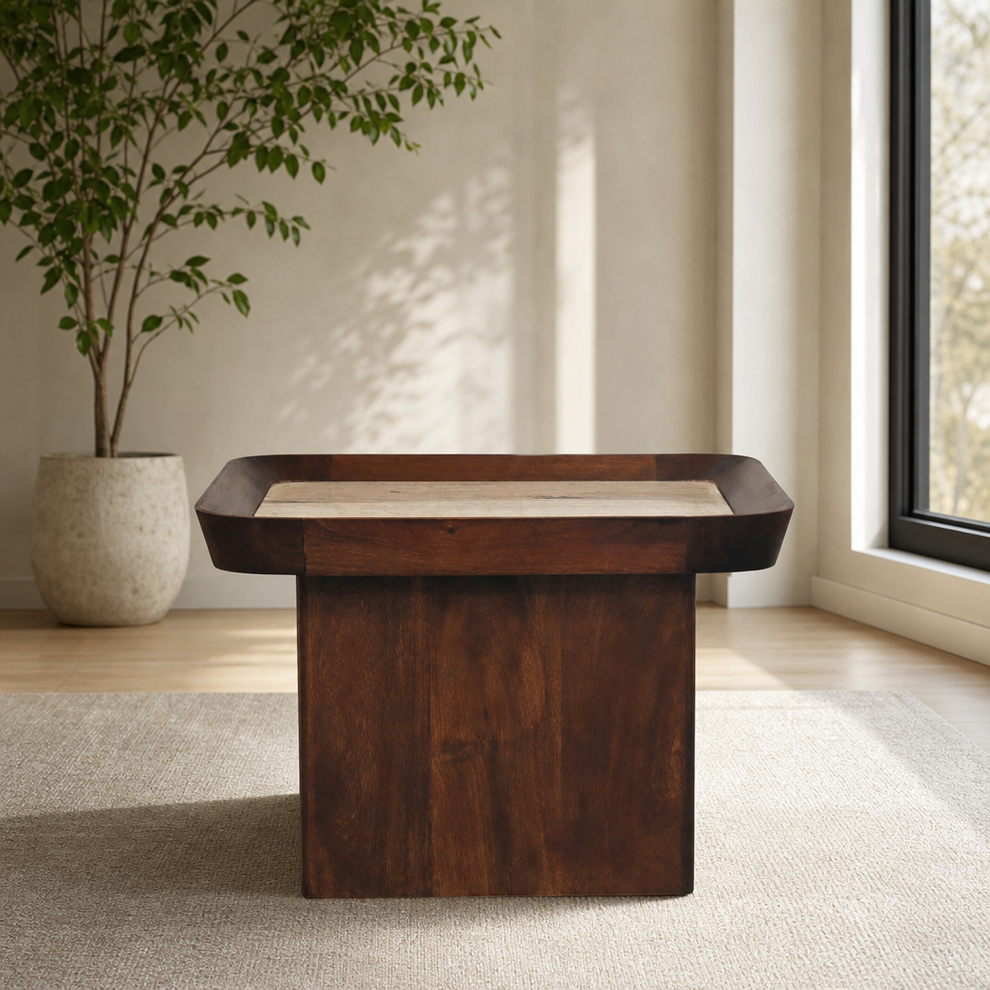Travertine Top Tray Coffee Table centered in a warm neutral furnished room