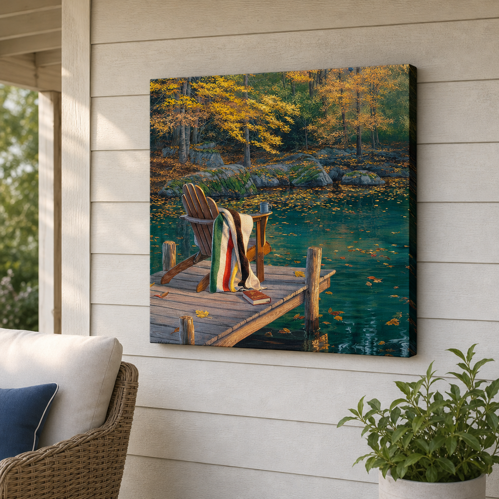 Alone Time Outdoor Canvas Wall Art hung on a covered outdoor patio wall