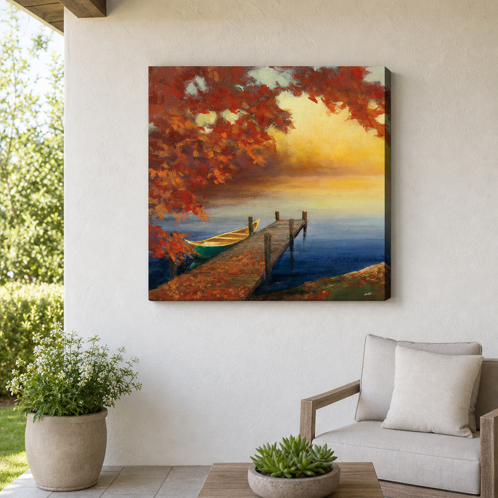Autumn Dock Outdoor Canvas Wall Art hung on a covered outdoor patio wall