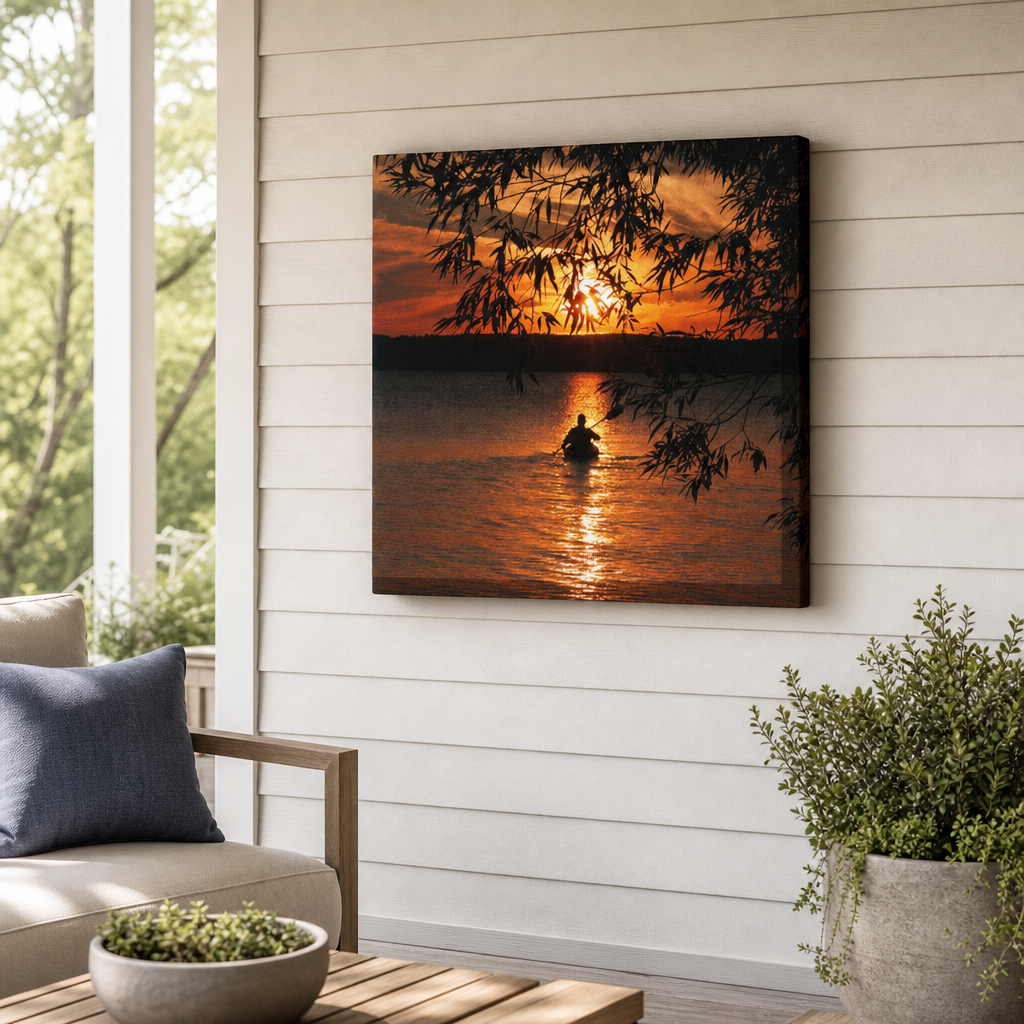 Kayak Sunset Outdoor Canvas Wall Art hung on a covered outdoor patio wall
