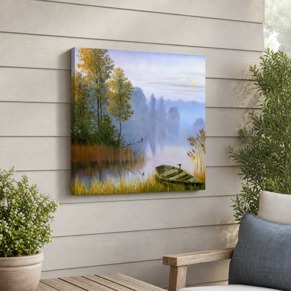 Morning Hush Outdoor Canvas Wall Art hung on a covered outdoor patio wall