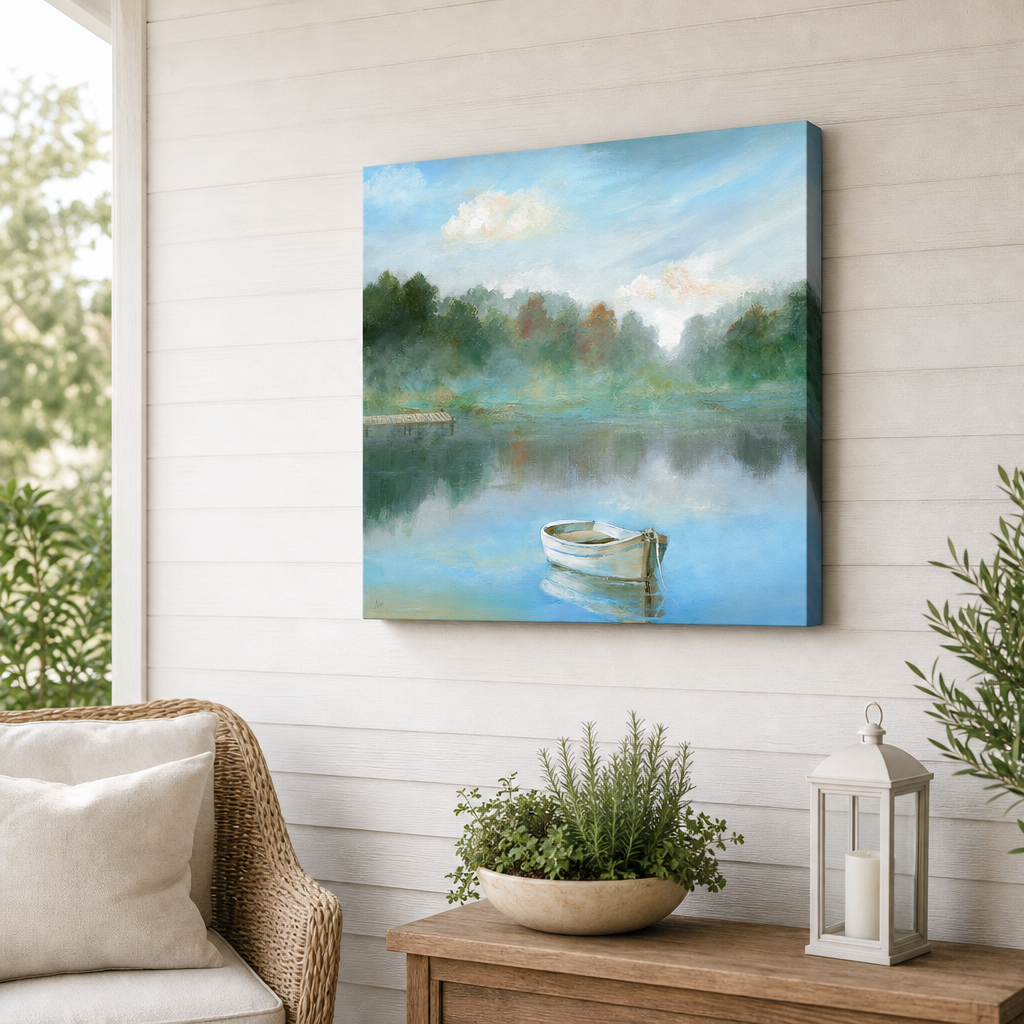 Floating Away Outdoor Canvas Wall Art hung on a covered outdoor patio wall