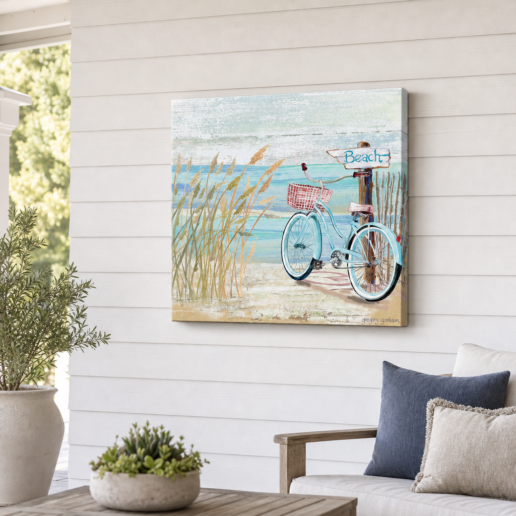 Lakeshore Outdoor Canvas Wall Art hung on a covered outdoor patio wall