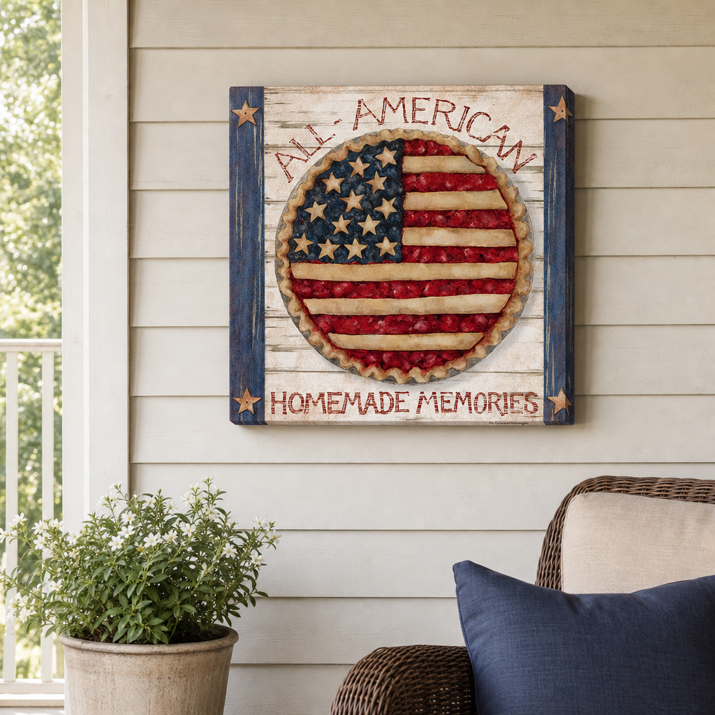 American Pie Outdoor Canvas Wall Art hung on a covered outdoor patio wall