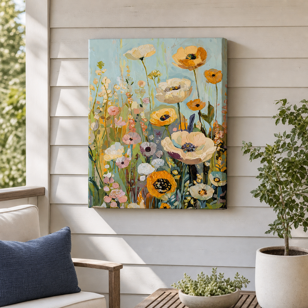Free Spirited Outdoor Canvas Wall Art hung on a covered outdoor patio wall