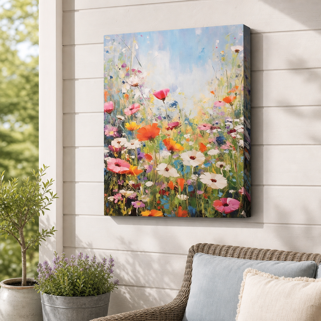 Field Day Outdoor Canvas Wall Art hung on a covered outdoor patio wall