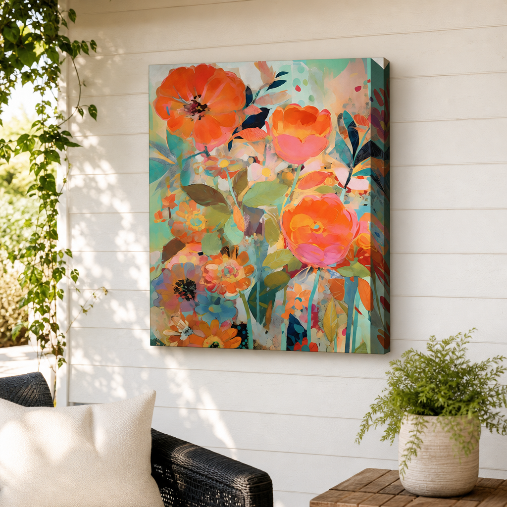 Misbehaving Outdoor Canvas Wall Art hung on a covered outdoor patio wall