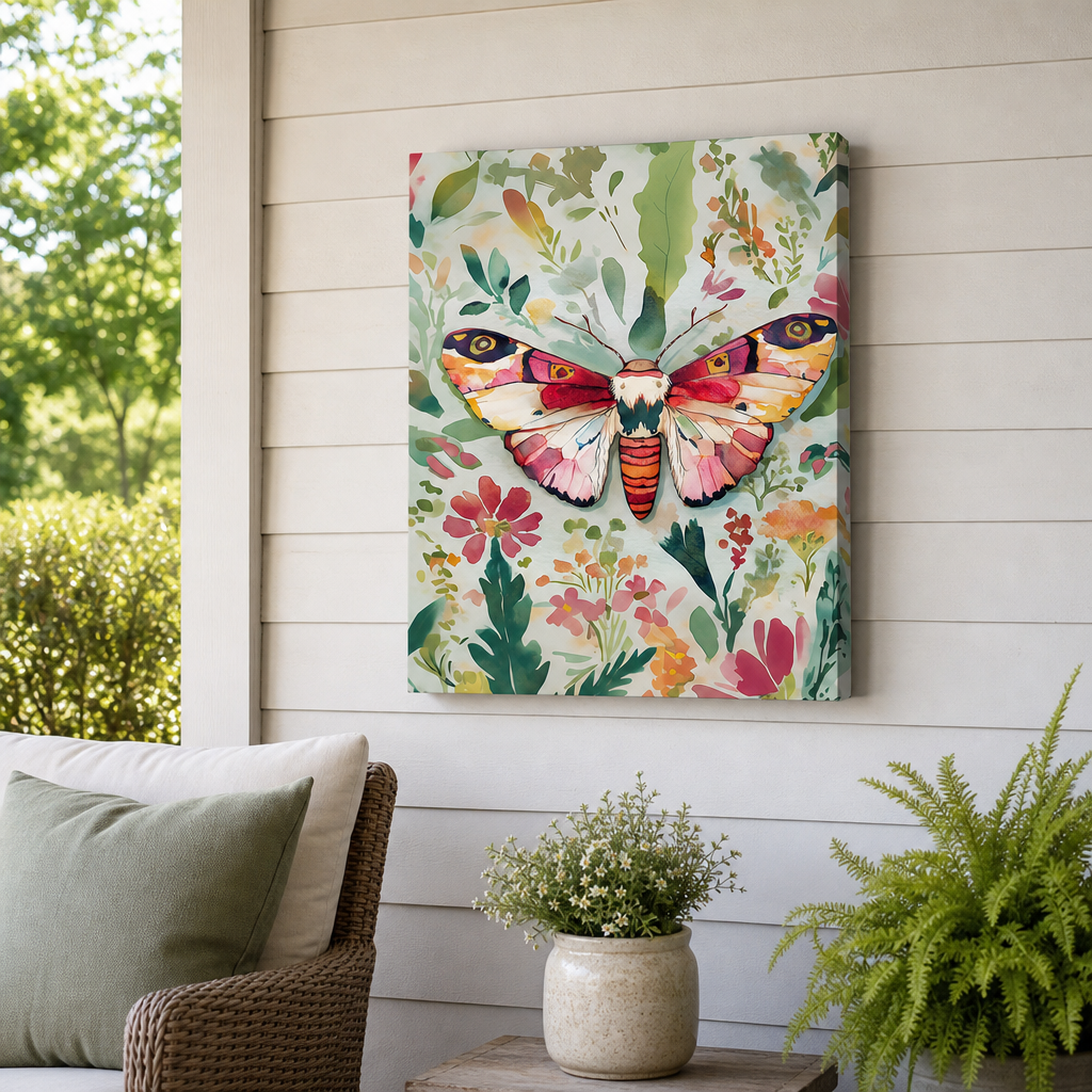 Butterfly Beauty Outdoor Canvas Wall Art hung on a covered outdoor patio wall