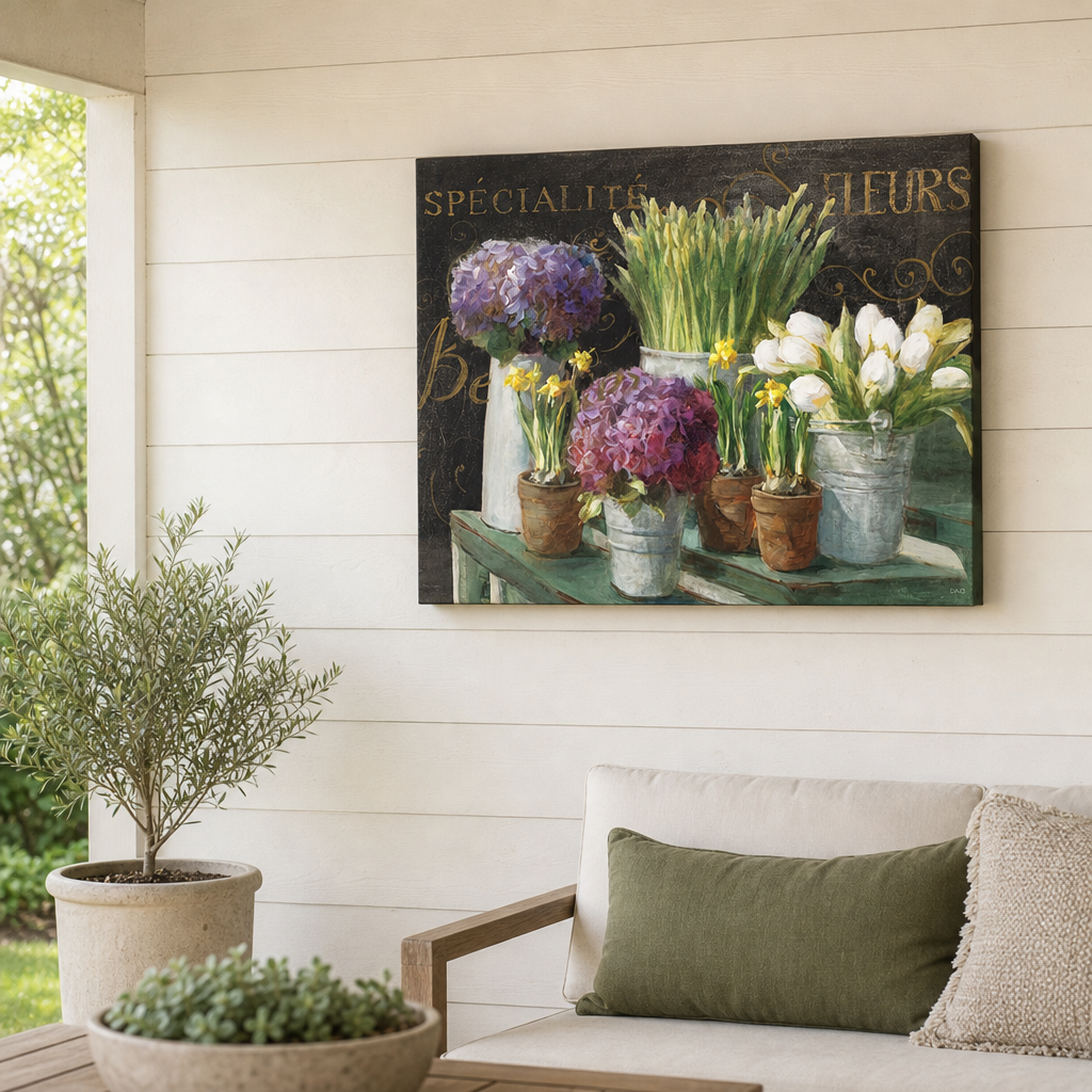 French Market Outdoor Canvas Wall Art hung on a covered outdoor patio wall