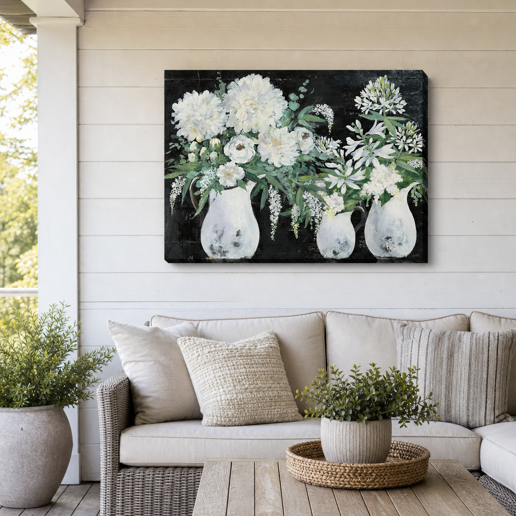 Farmhouse Fresh Outdoor Canvas Wall Art hung on a covered outdoor patio wall