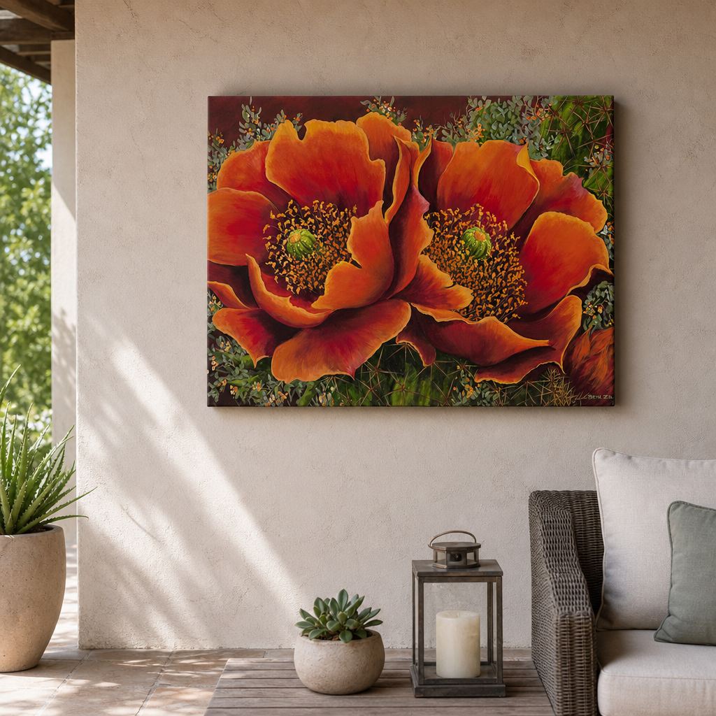 Desert Flare Outdoor Canvas Wall Art hung on a covered outdoor patio wall