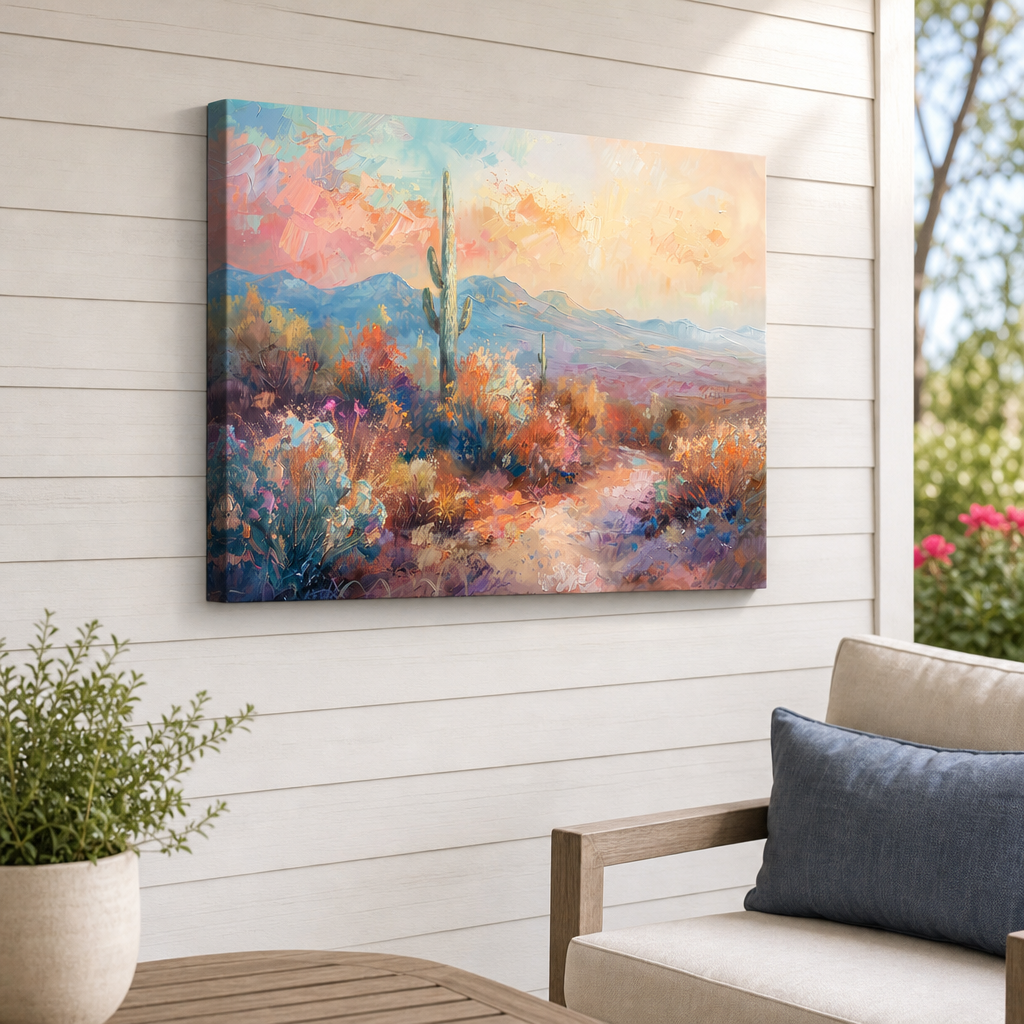 Desert Glow Outdoor Canvas Wall Art hung on a covered outdoor patio wall