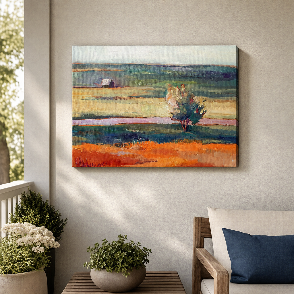 Lone Tree Outdoor Canvas Wall Art hung on a covered outdoor patio wall