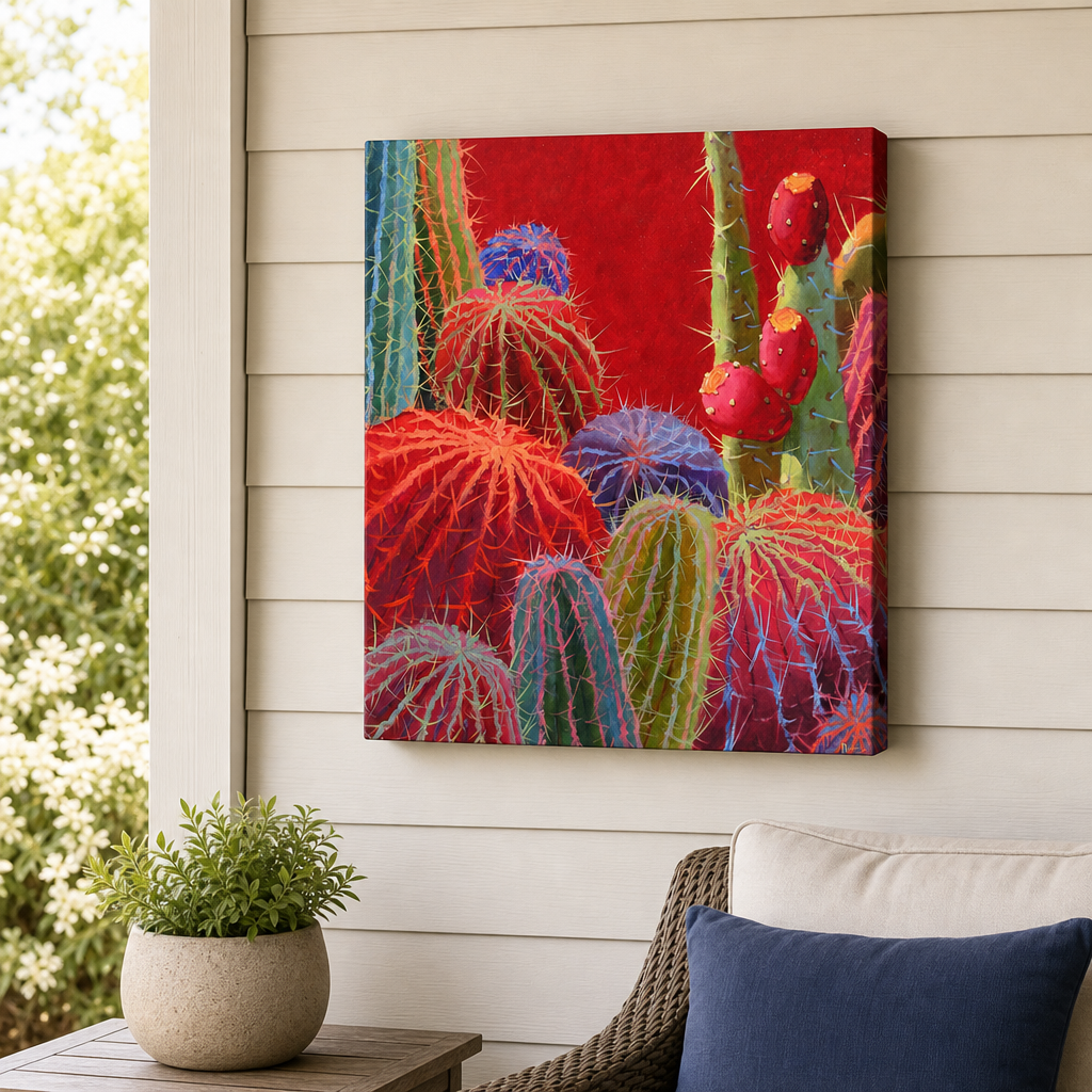 Barrel Cactus Outdoor Canvas Wall Art hung on a covered outdoor patio wall