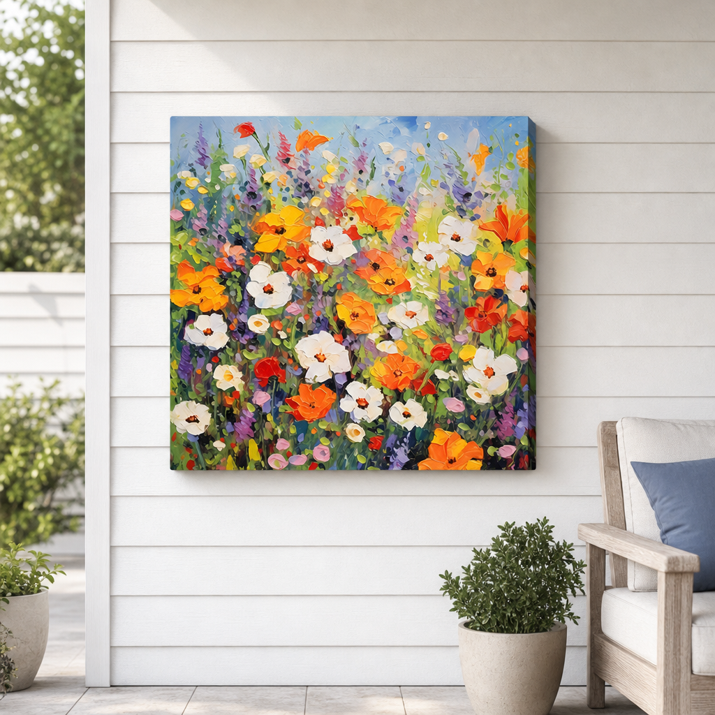 Outdoor Canvas Wall Art with Colorful Floral Design hung on a covered outdoor patio wall