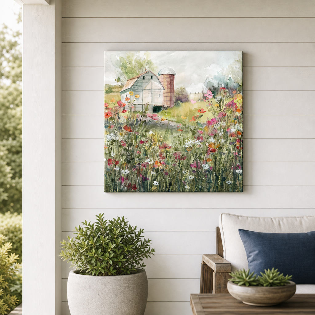 Canvas Wall Art with Barn and Wildflower Scene hung on a covered outdoor patio wall