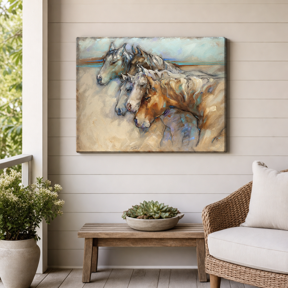 Companions Outdoor Canvas Wall Art hung on a covered outdoor patio wall