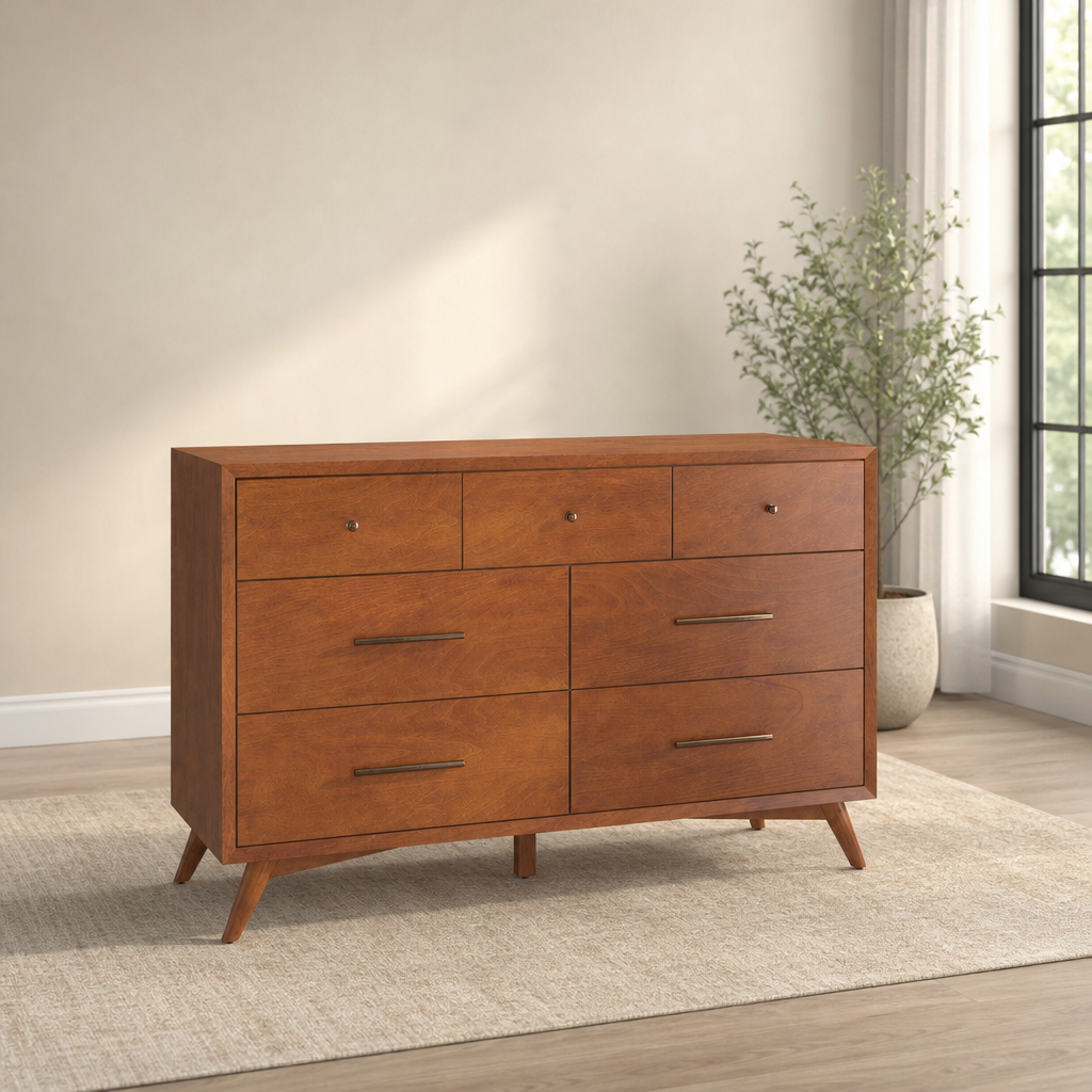 Flynn Mid Century Modern 7 Drawer Dresser centered in a warm neutral furnished room